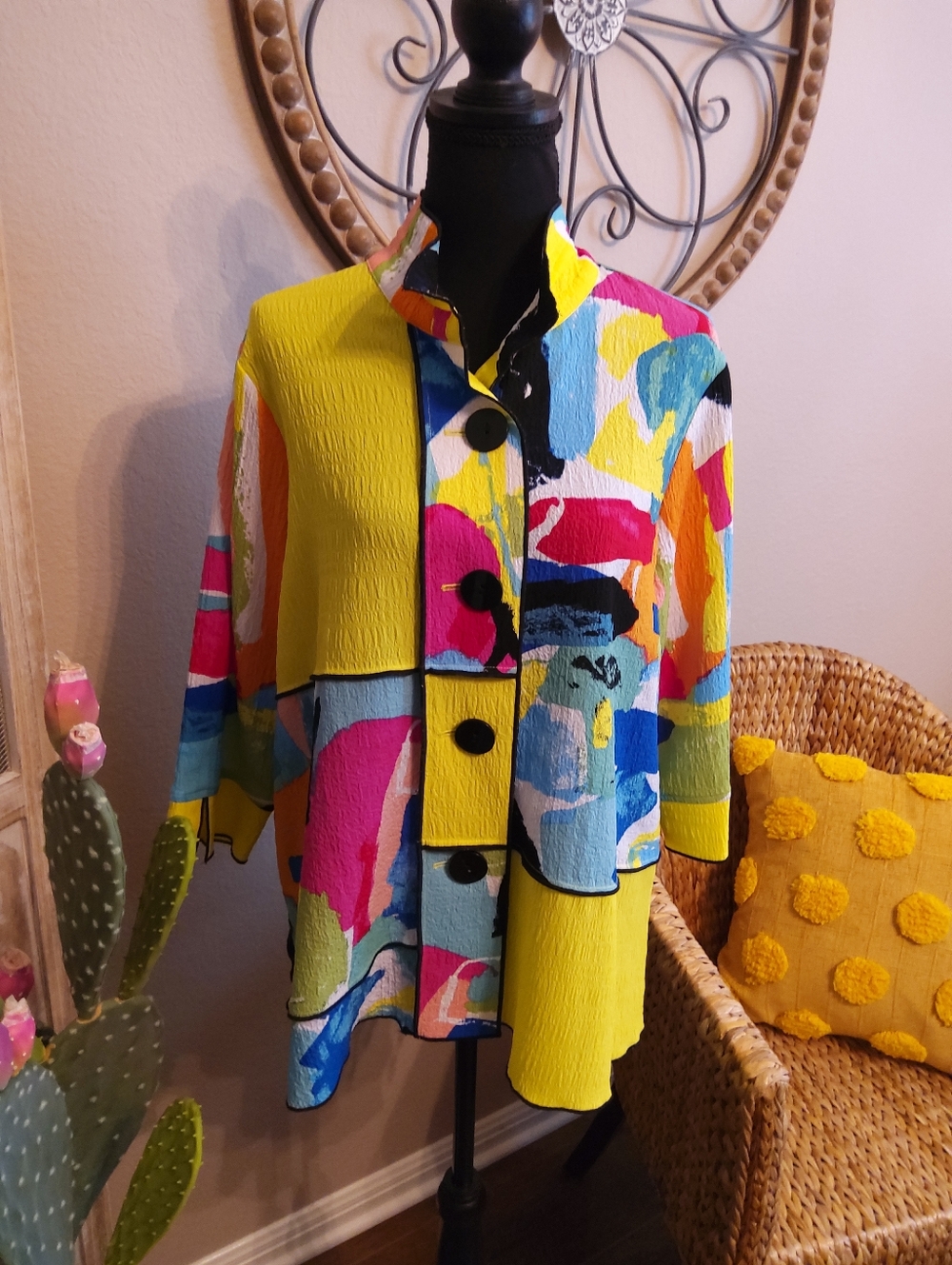 Ali Miles Multicolor Painterly Button Top in Yellow, Blue, Pink, Teal, Coral